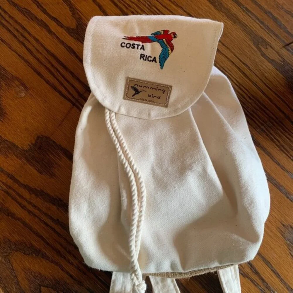 Hummingbird Costa Rica Canvas Backpack Cream Macaw Embroidered Souvenir Backpack